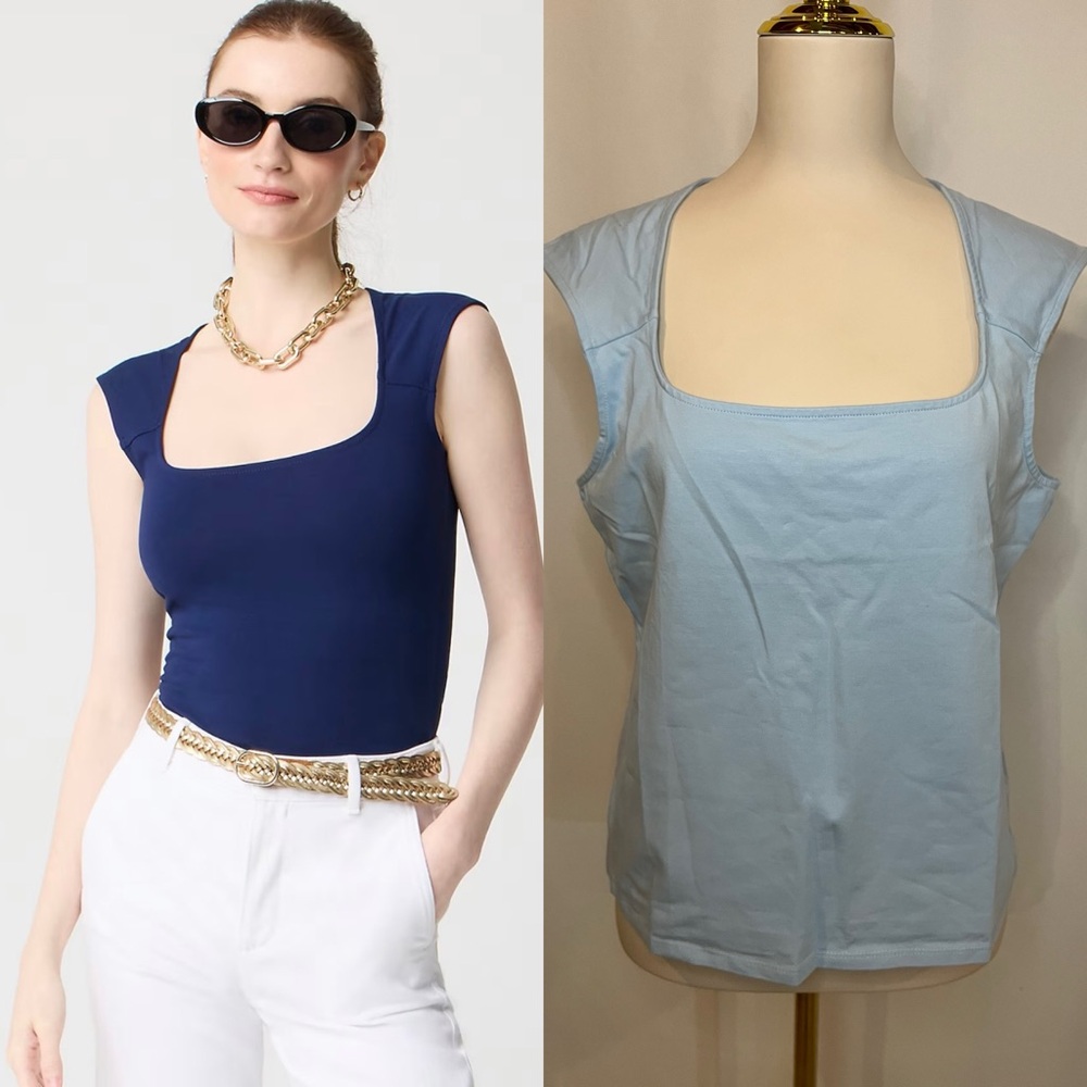 J.Crew Cap-sleeve stretch cotton-blend squareneck tank top cornflower blue